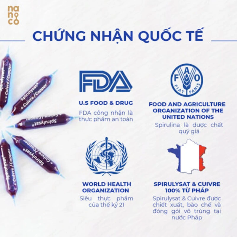 Chứng nhận quốc tế của Phyco Spirulysat & Cuivre - Nanoco - 9mart.vn