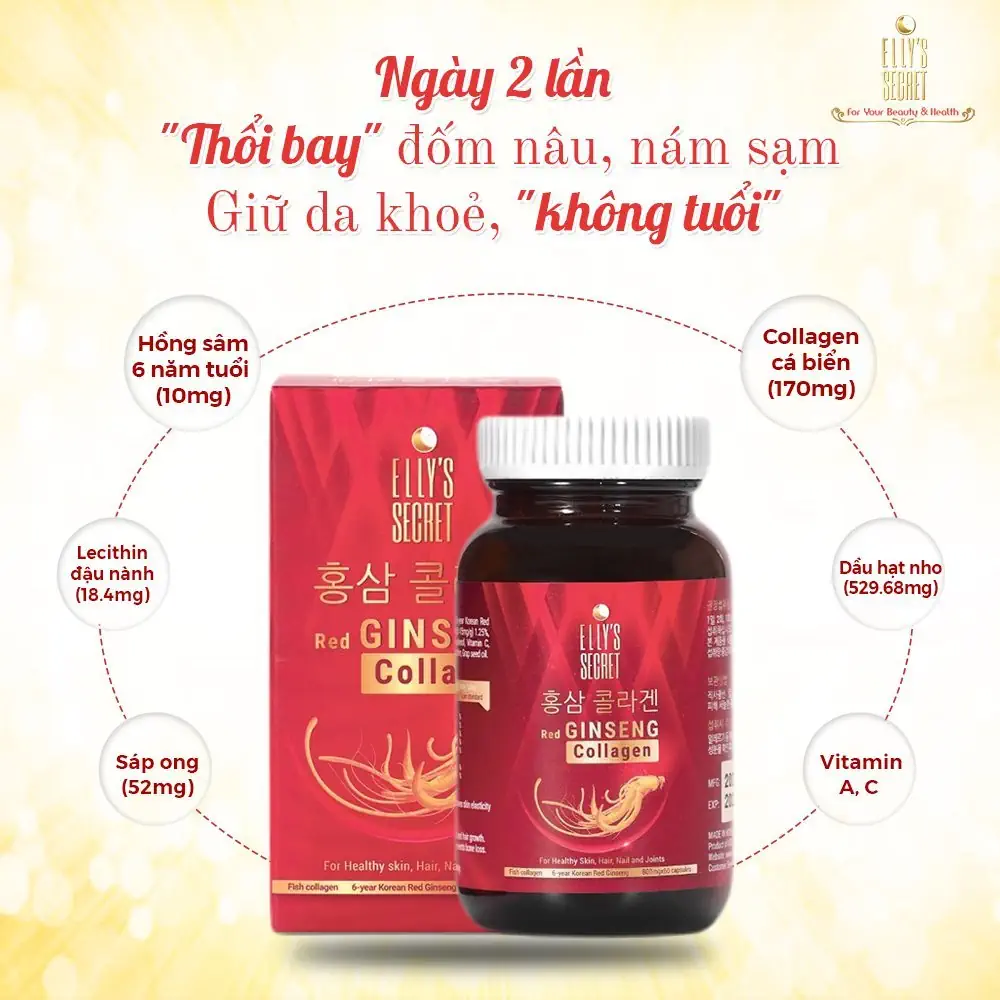 Thành Phần Viên Uống Hồng Sâm Collagen Cao Cấp Hàn Quốc Elly's Secret Hộp 60 Viên - 9mart.vn
