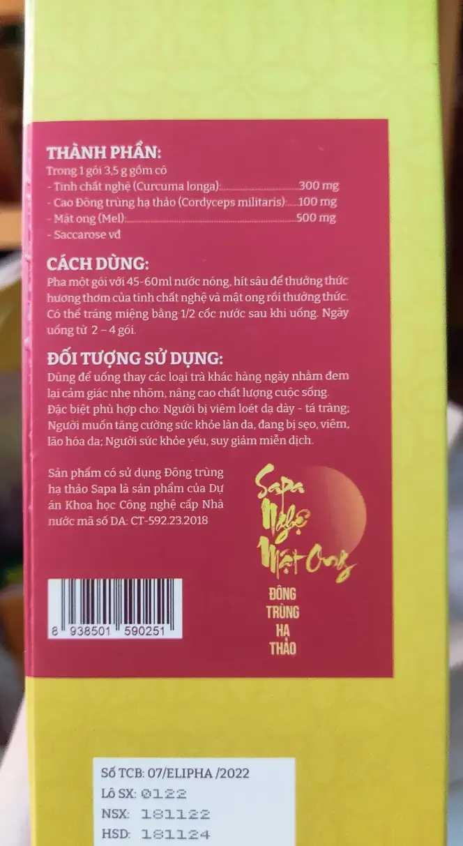 Thành phần, đối tượng, cách dùng Trà phun sương Sapa Nghệ Mật ong Đông trùng hạ thảo Elipha - Traphaco Sapa - Vitafood - 9mart.vn