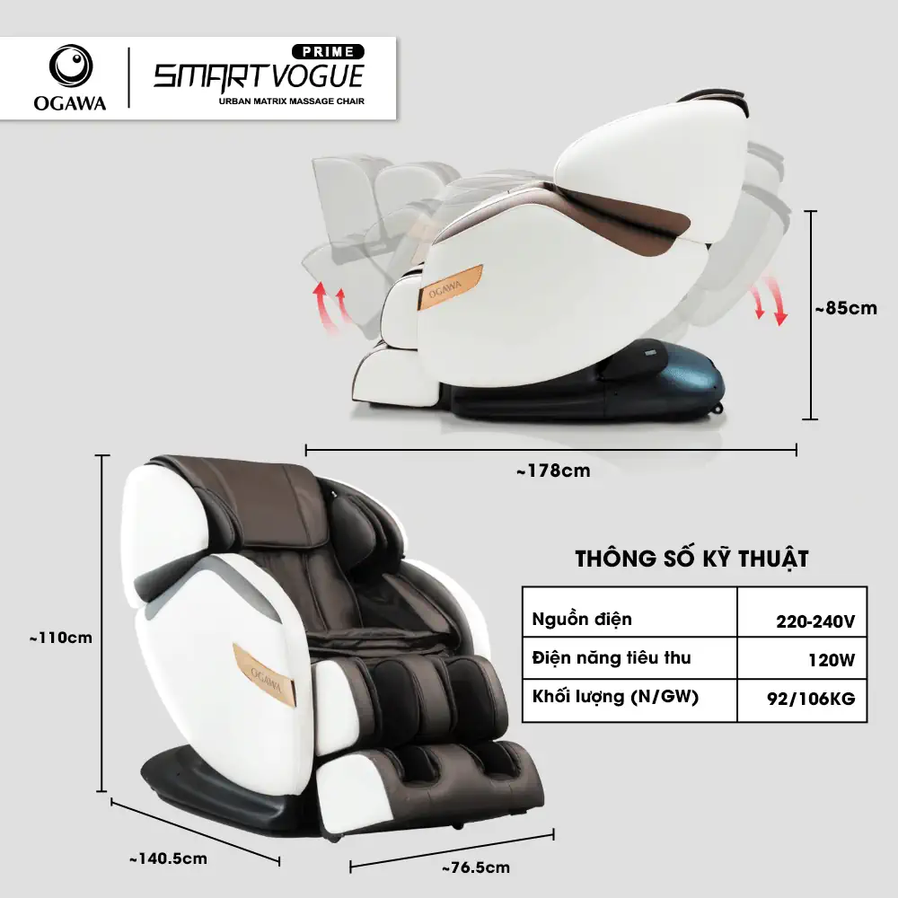 Thông số kỹ thuật Ghế massage Smart Vogue Prime (OG-5569) Ogawa Malaysia chính hãng giá tốt - 9mart.vn