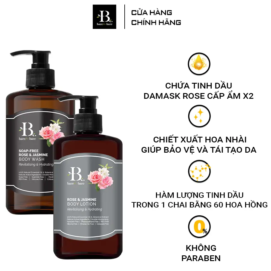 Ưu điêm Bộ chăm sóc cơ thể Rose and Jasmine - gel tắm và sữa dưỡng thể Cấp ẩm và phục hồi Bare for Bare - 9mart.vn