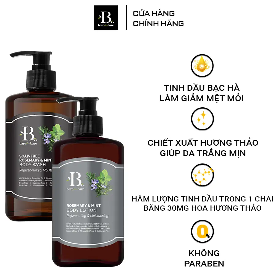 Ưu điểm Bộ chăm sóc cơ thể Rosemary & Mint - Dưỡng ẩm và trẻ hóa Bare for Bare chính hãng giá tốt - 9mart.vn