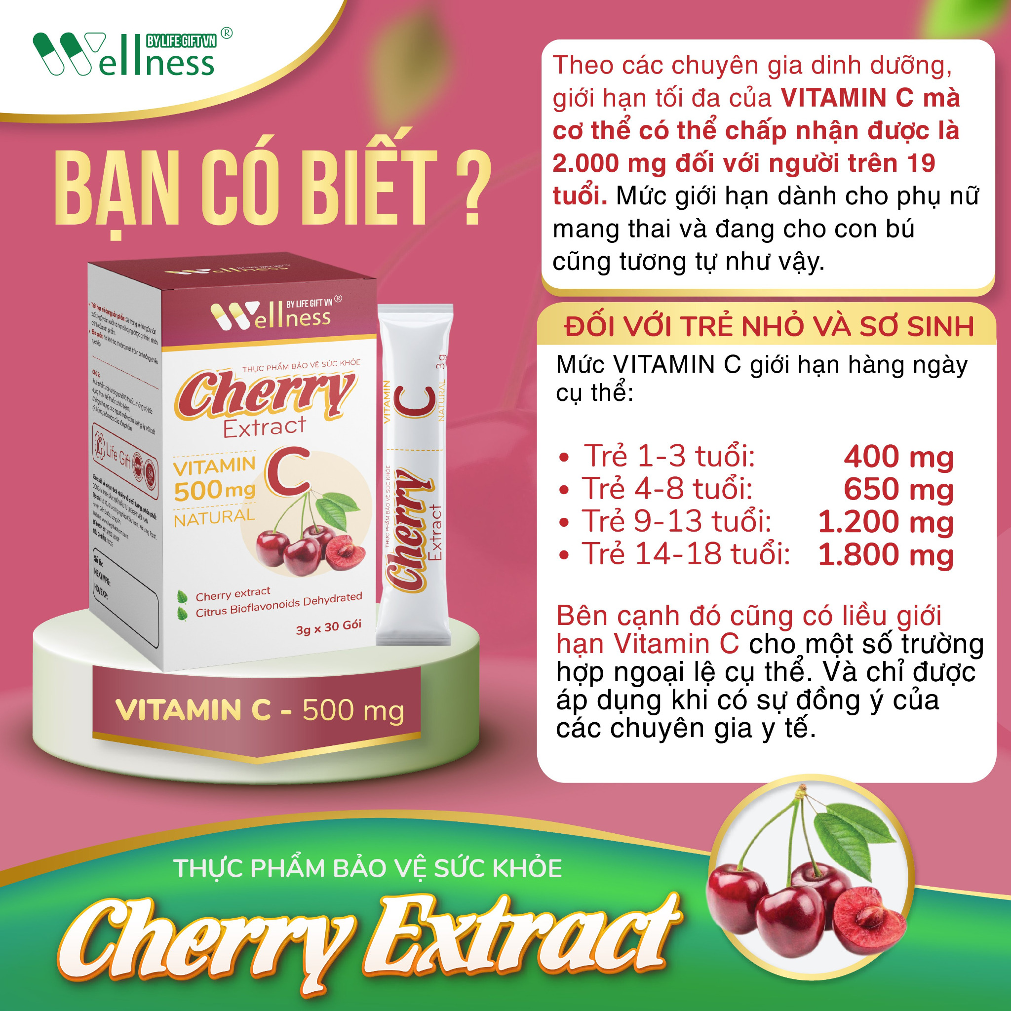 Thực phẩm bảo vệ sức khỏe Cherry Extract Vitamin C – Hàm lượng Vitamin C cần thiết cho từng lứa tuổi - 9mart.vn
