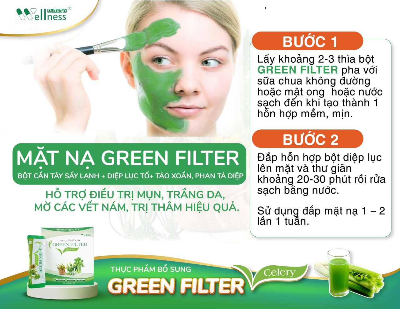 Thực Phẩm Bổ Sung Bột Cần Tây Sấy Lạnh Diệp Lục Green Filter Celery có thể dùng làm mặt nạ đắp mặt - 9mart.vn